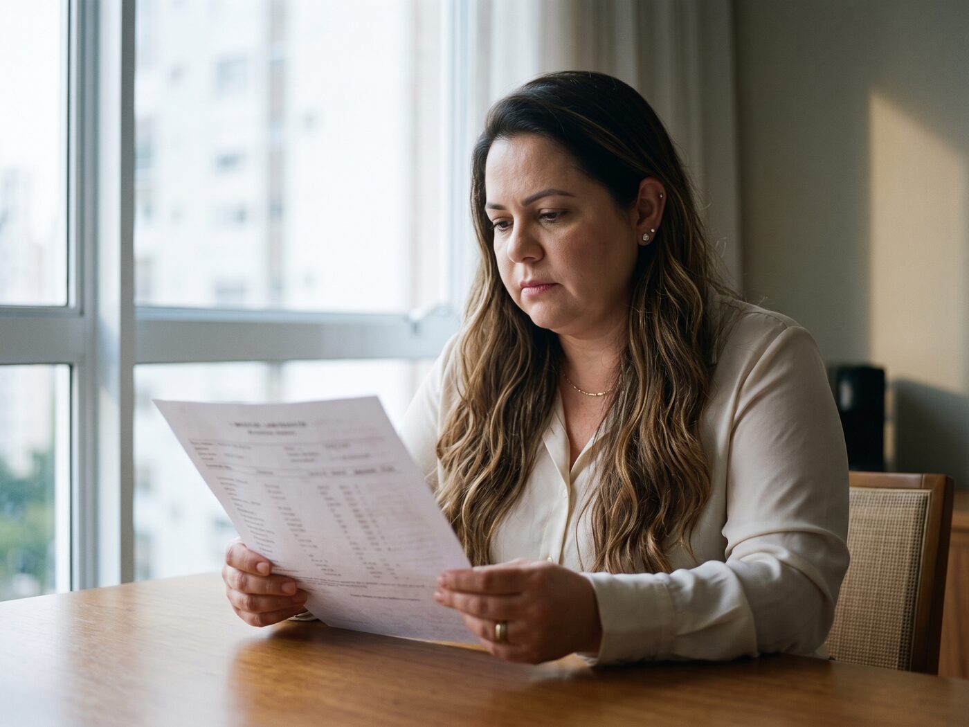 Mulher lendo um resultado de exame impresso à luz da janela
