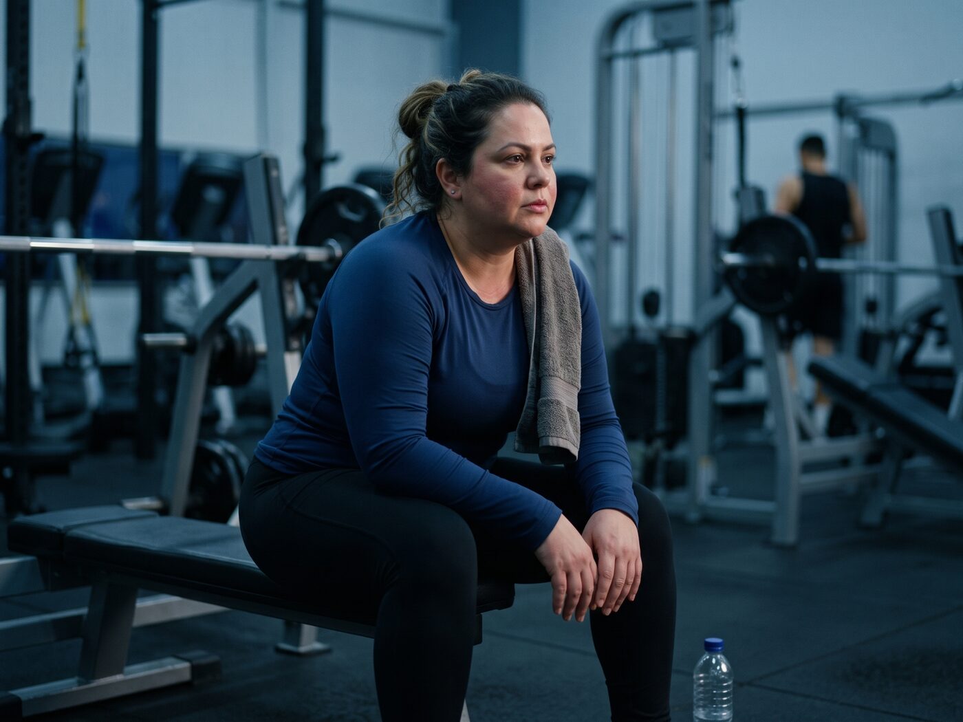 Mulher sentada num banco de academia vazia depois do treino