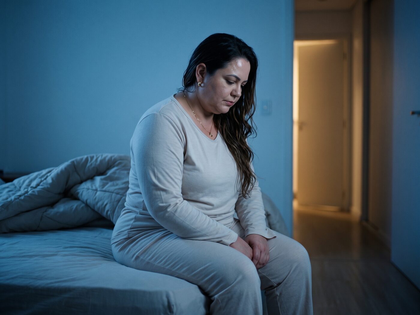 Mulher sentada na beira da cama de madrugada, acordada